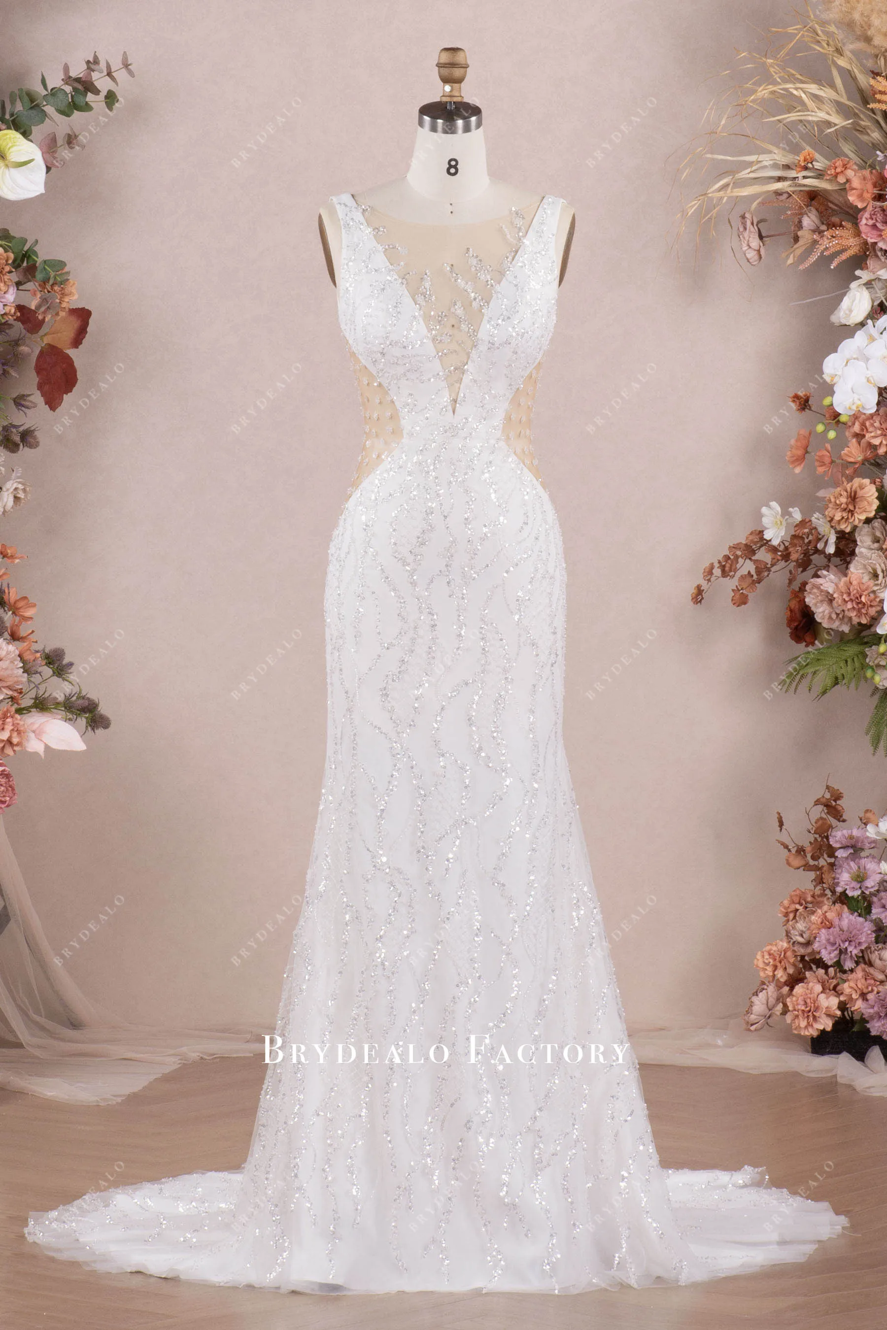 Sparkly Beaded Illusion Plunging Neck Mermaid Wedding Dress