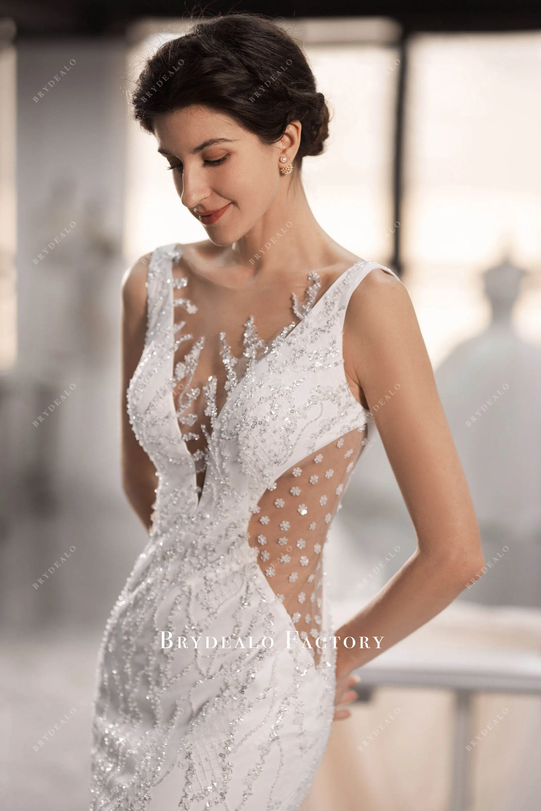 Sparkly Beaded Illusion Plunging Neck Mermaid Wedding Dress
