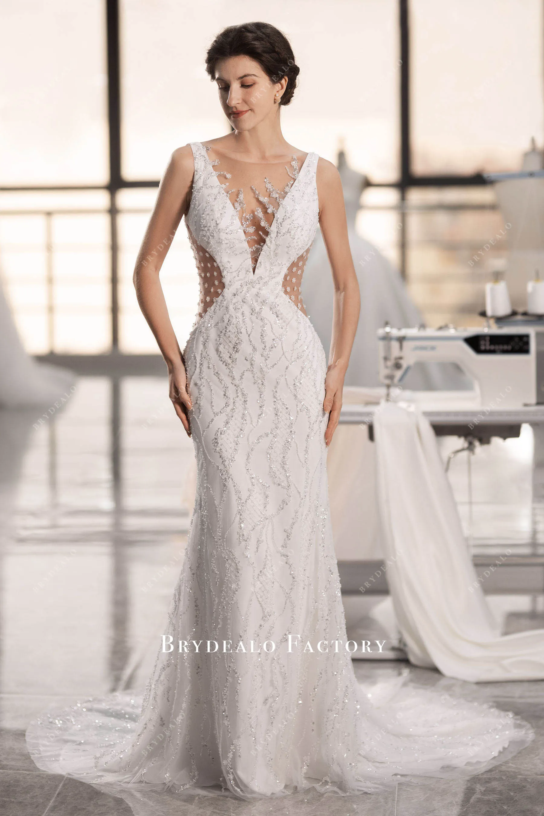 Sparkly Beaded Illusion Plunging Neck Mermaid Wedding Dress