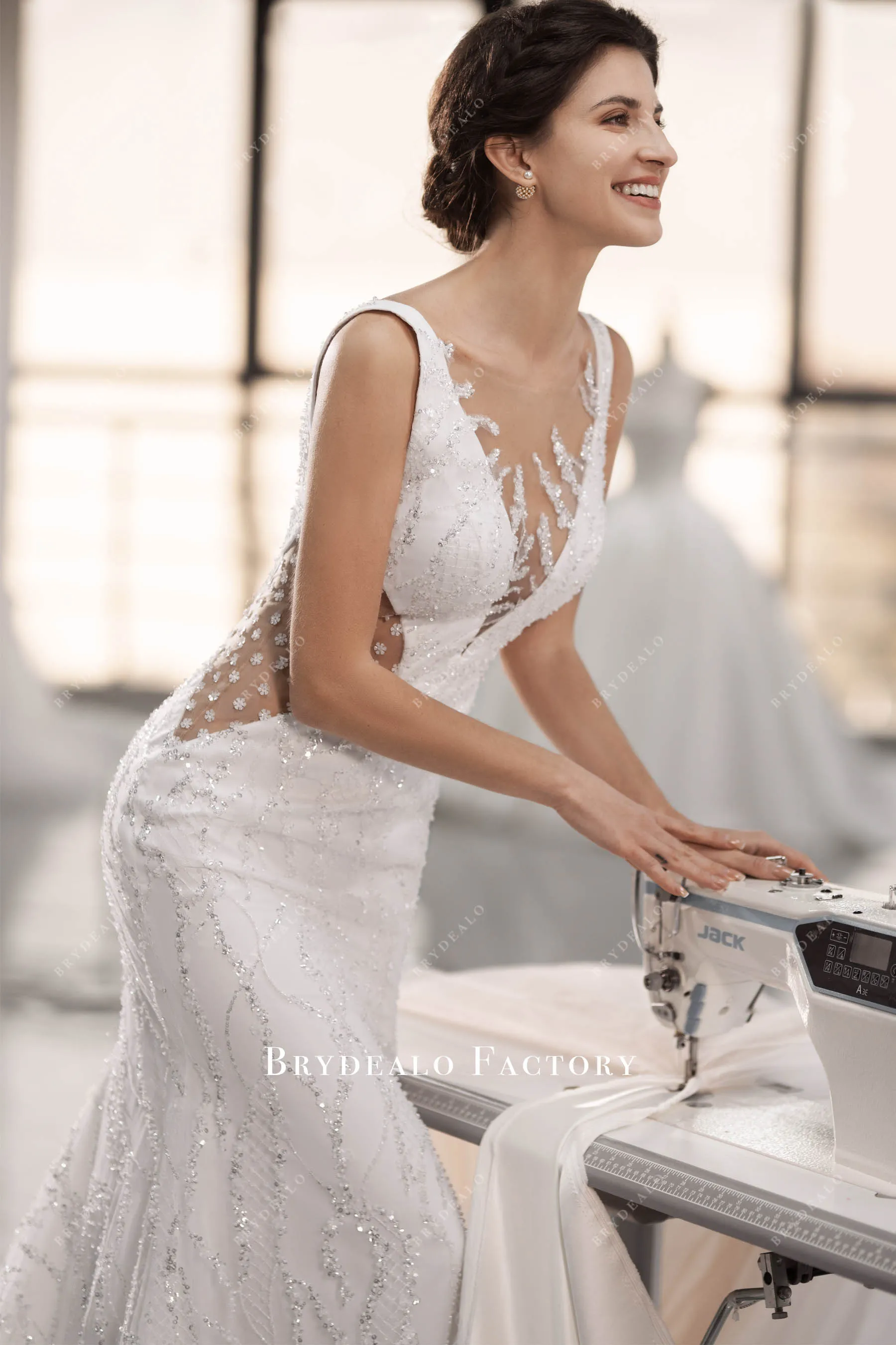 Sparkly Beaded Illusion Plunging Neck Mermaid Wedding Dress