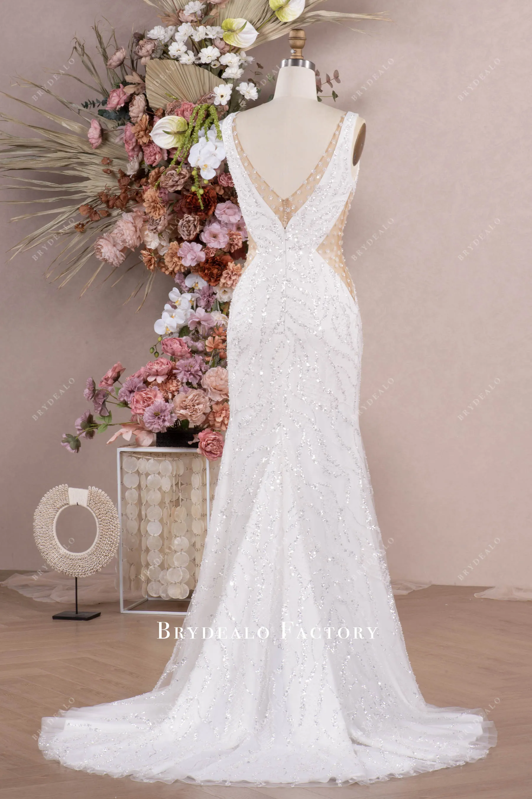 Sparkly Beaded Illusion Plunging Neck Mermaid Wedding Dress