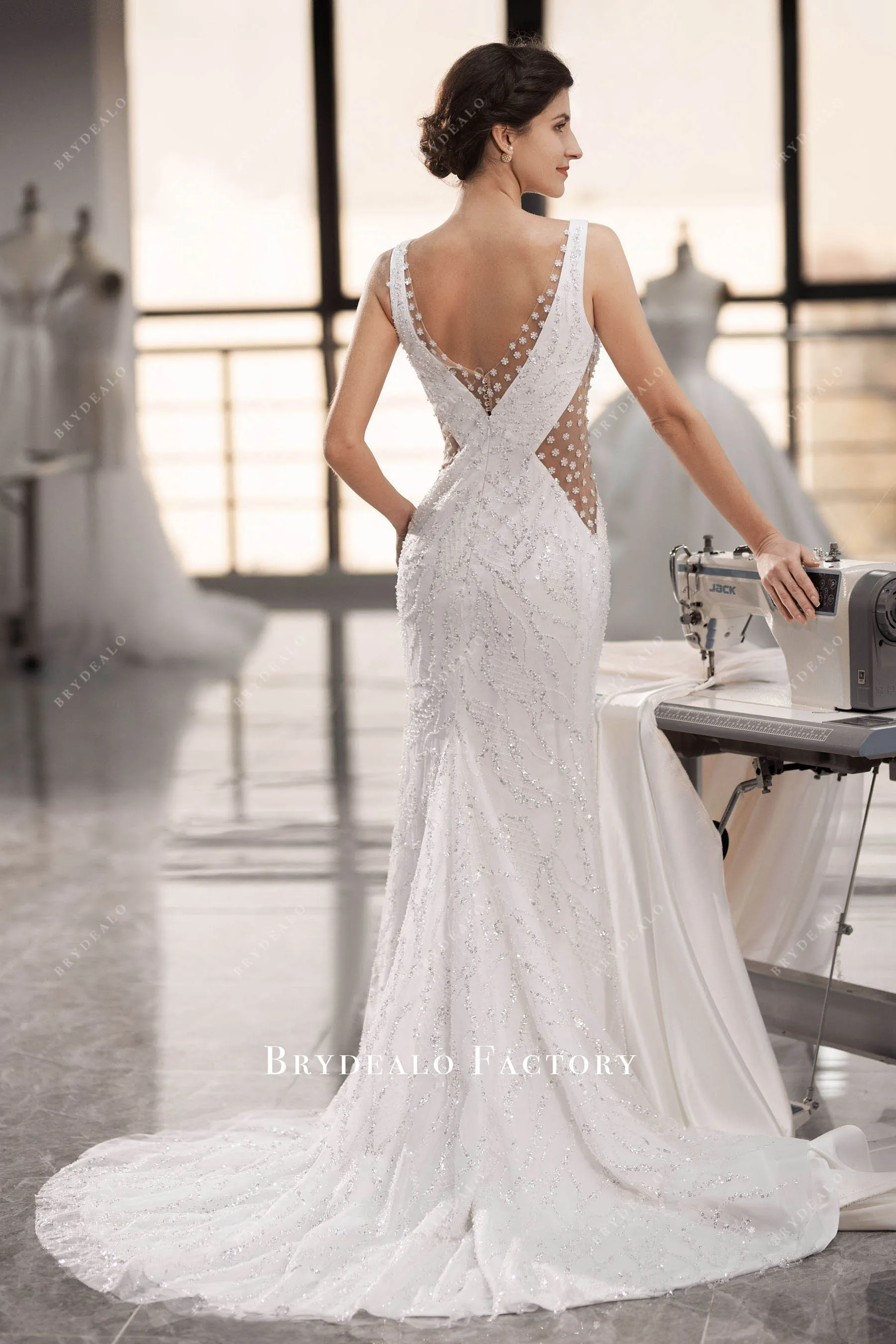 Sparkly Beaded Illusion Plunging Neck Mermaid Wedding Dress