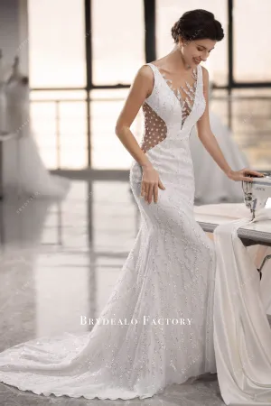 Sparkly Beaded Illusion Plunging Neck Mermaid Wedding Dress