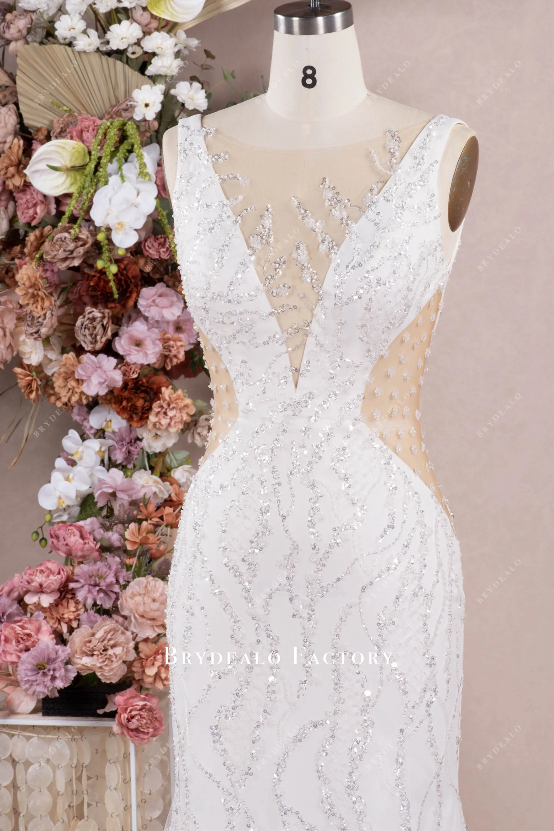 Sparkly Beaded Illusion Plunging Neck Mermaid Wedding Dress