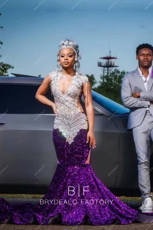Sparkly Purple Sequin Mermaid Rhinestone Plunging Neck Prom Dress