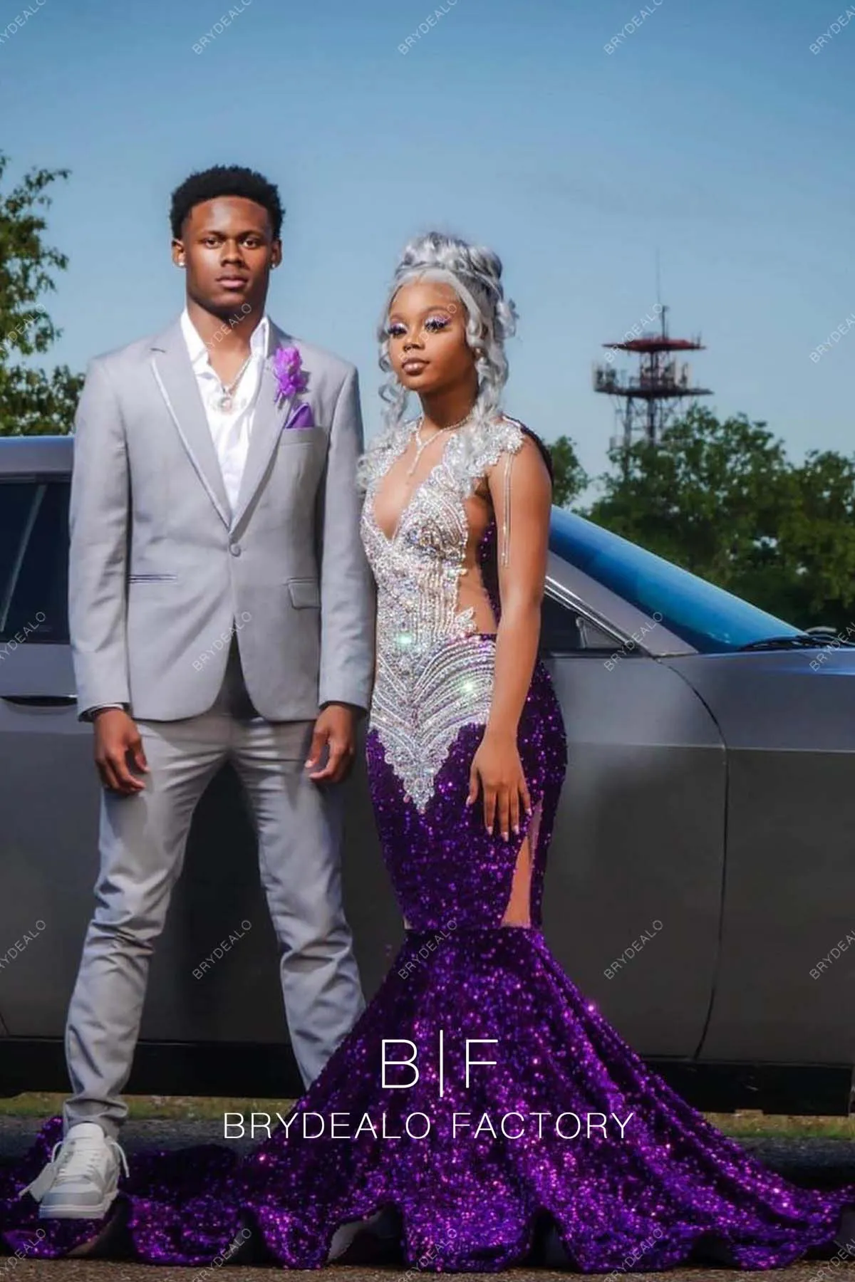 Sparkly Purple Sequin Mermaid Rhinestone Plunging Neck Prom Dress