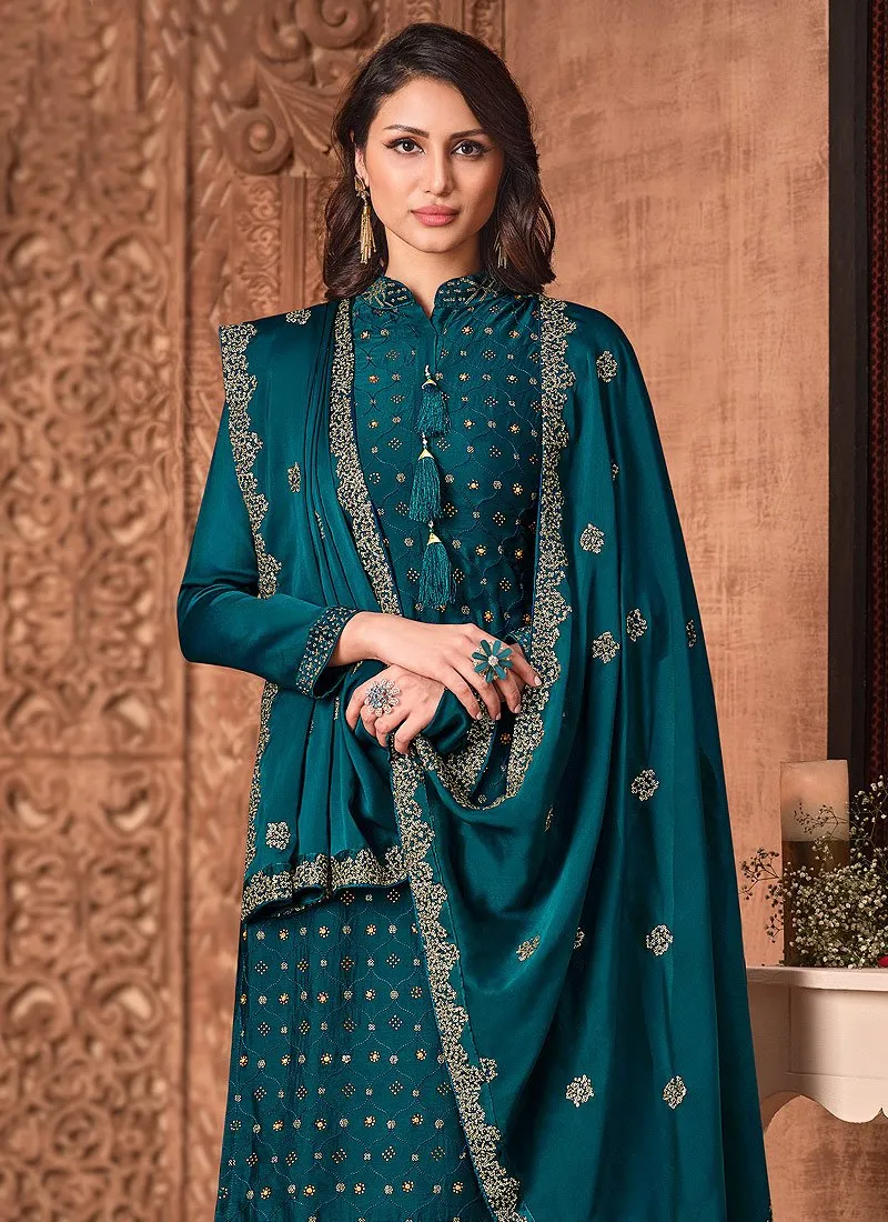 Teal Green Sequins Embroidered Sharara Suit
