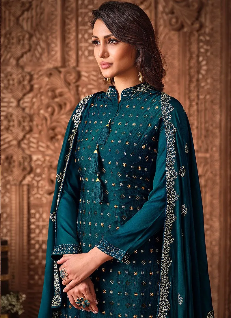 Teal Green Sequins Embroidered Sharara Suit