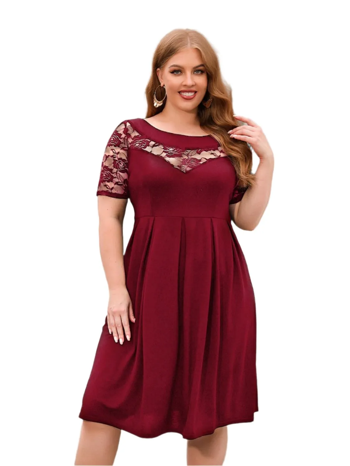 TEEK - Plus Size Ruched Lace Chest Short Sleeve Dress