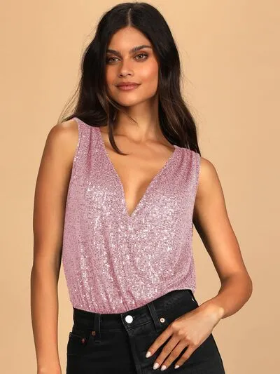 TEEK - Sequin Plunge Sleeveless Bodysuit