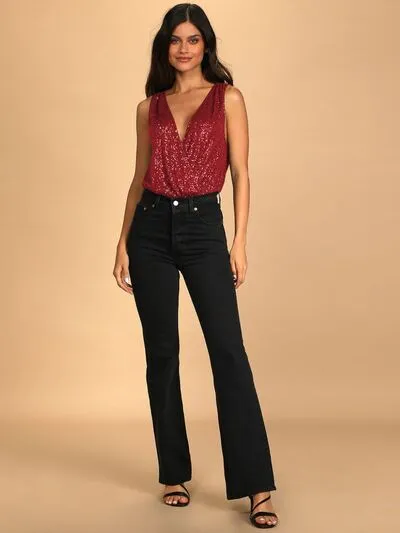 TEEK - Sequin Plunge Sleeveless Bodysuit