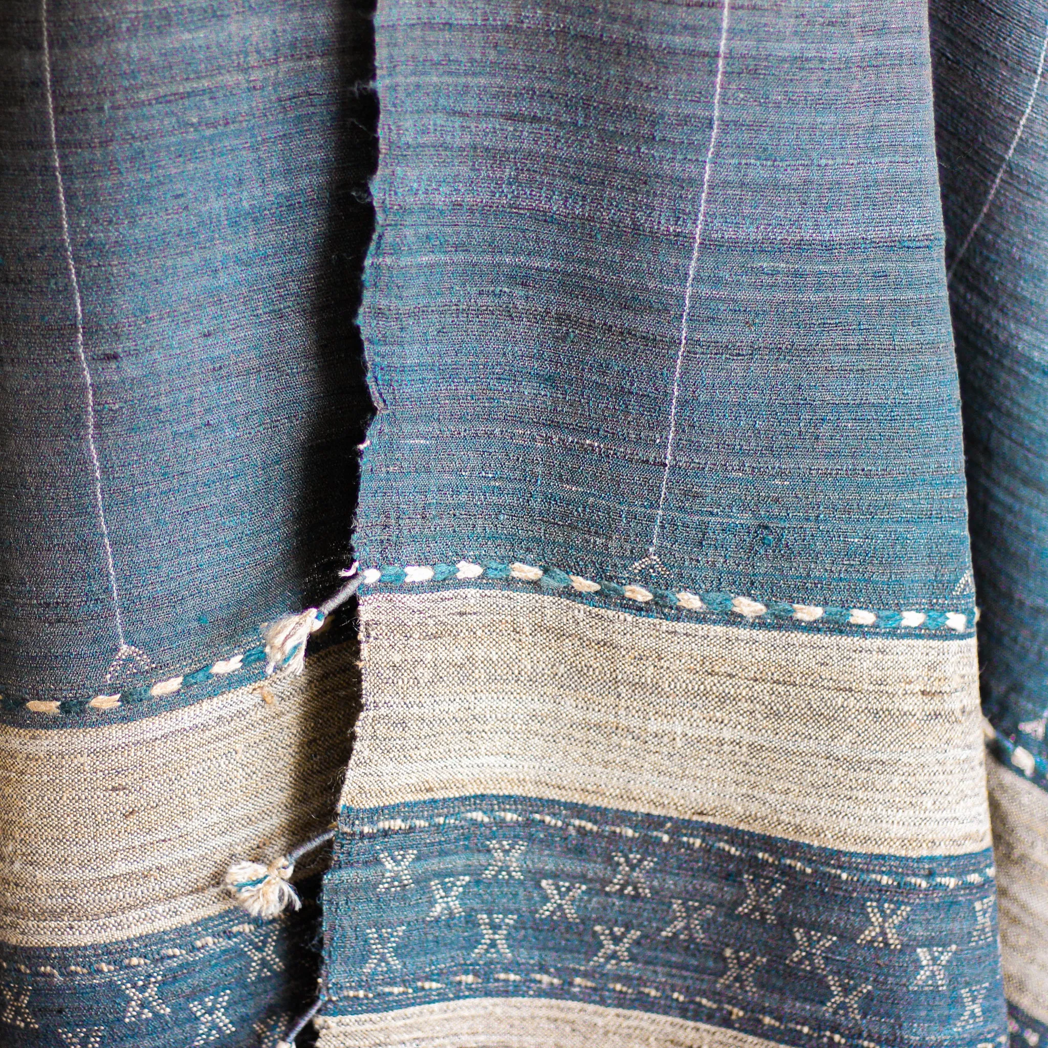 Tussar Silk & Merino Wool Shawl with Tassels - Handspun & Handwoven | Blue, Golden Brown, 40x82"