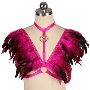 Victorian Cosplay Goth Feather Body Harness - Cerise (Style 7)
