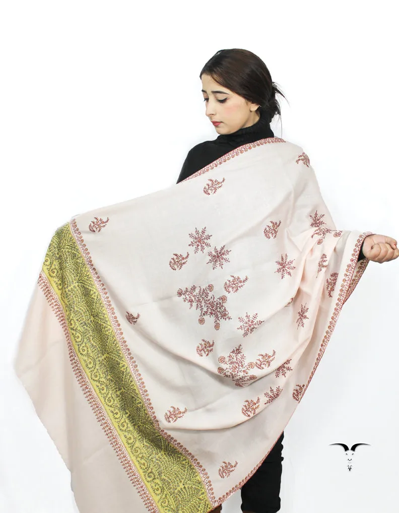 White & Lemon Pashmina With Sozni Work 5724