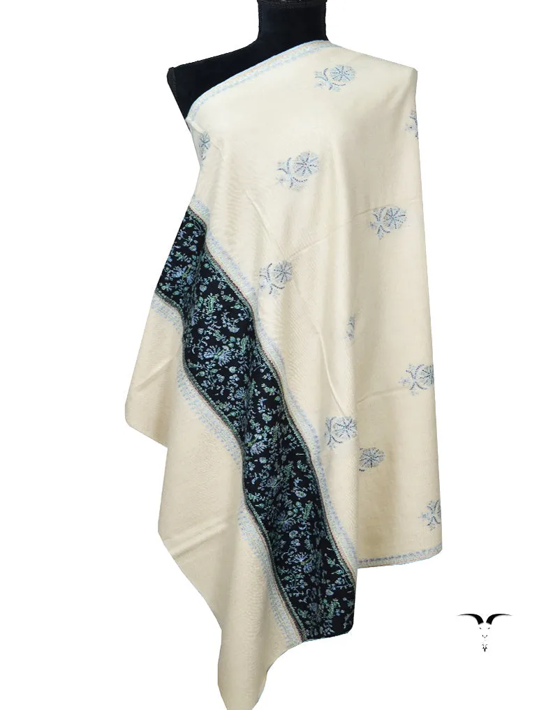 White and Black Embroidery Pashmina Shawl 7158