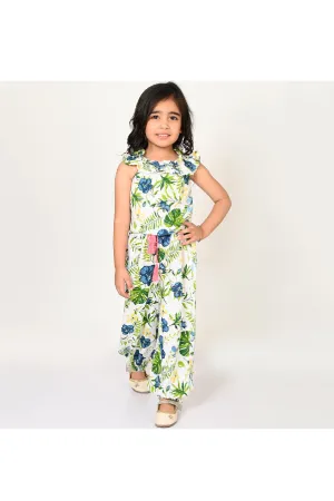 White And Green Floral Printed Off Shoulder Crop Top With Joggers Set