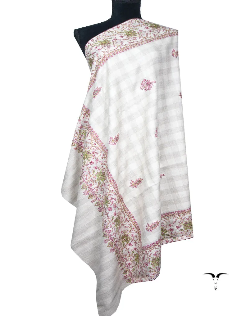 white and natural checked embroidery pashmina shawl 8859