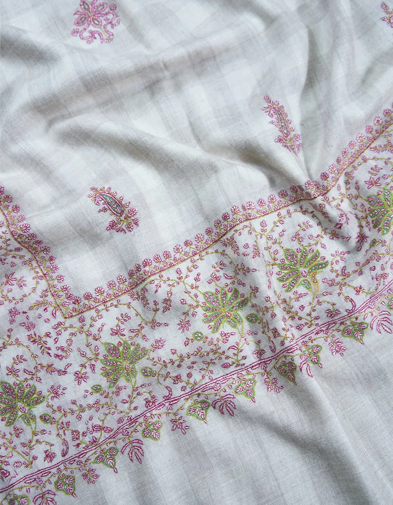 white and natural checked embroidery pashmina shawl 8859