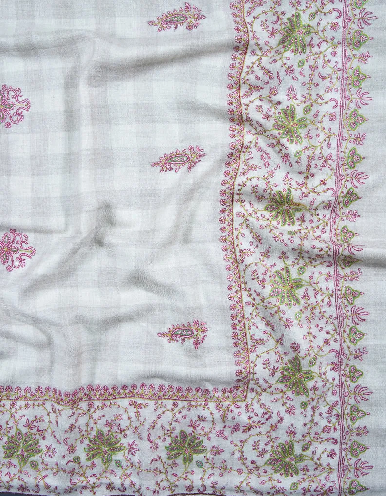 white and natural checked embroidery pashmina shawl 8859
