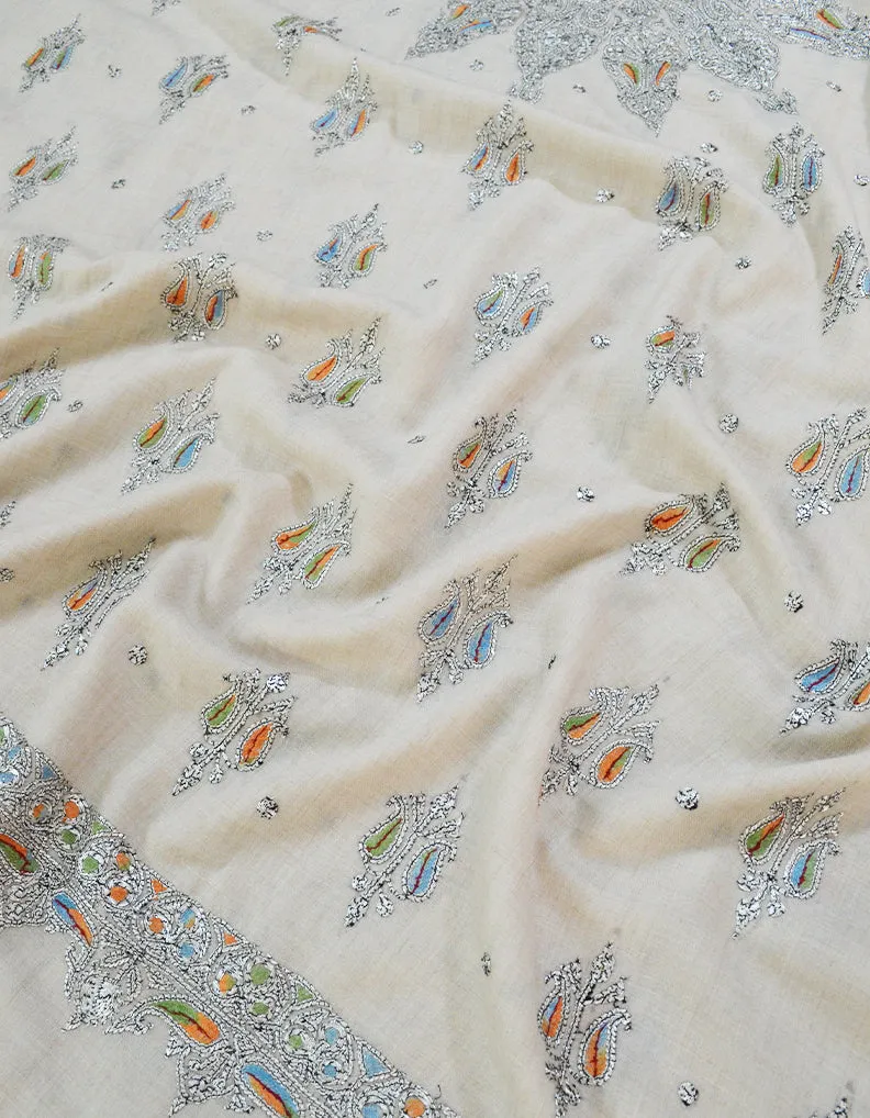 White Embroidery Pashmina Shawl 7196