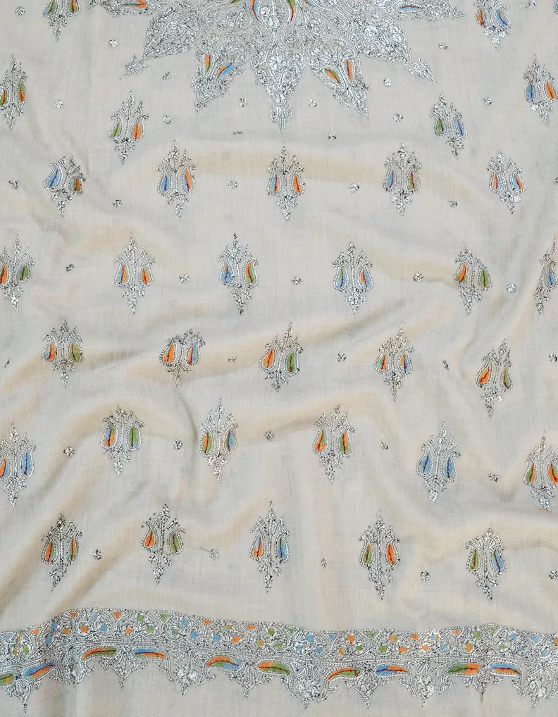 White Embroidery Pashmina Shawl 7196