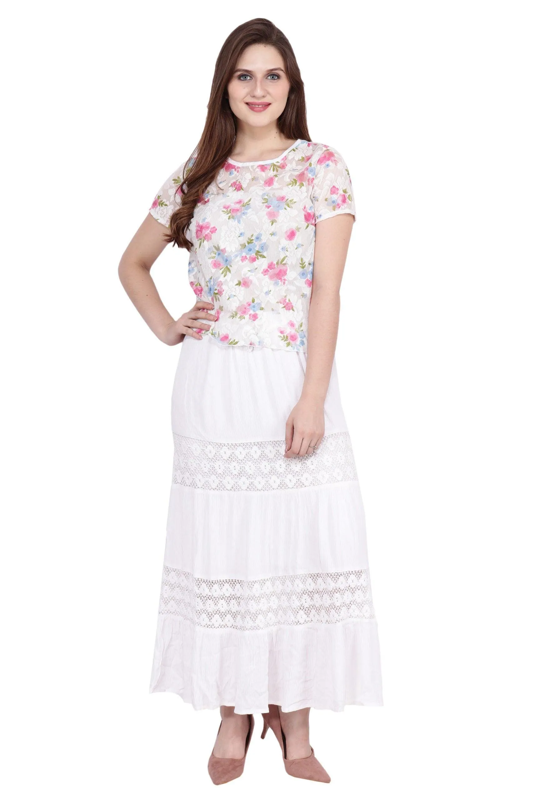 White Floral Printed Mesh Top