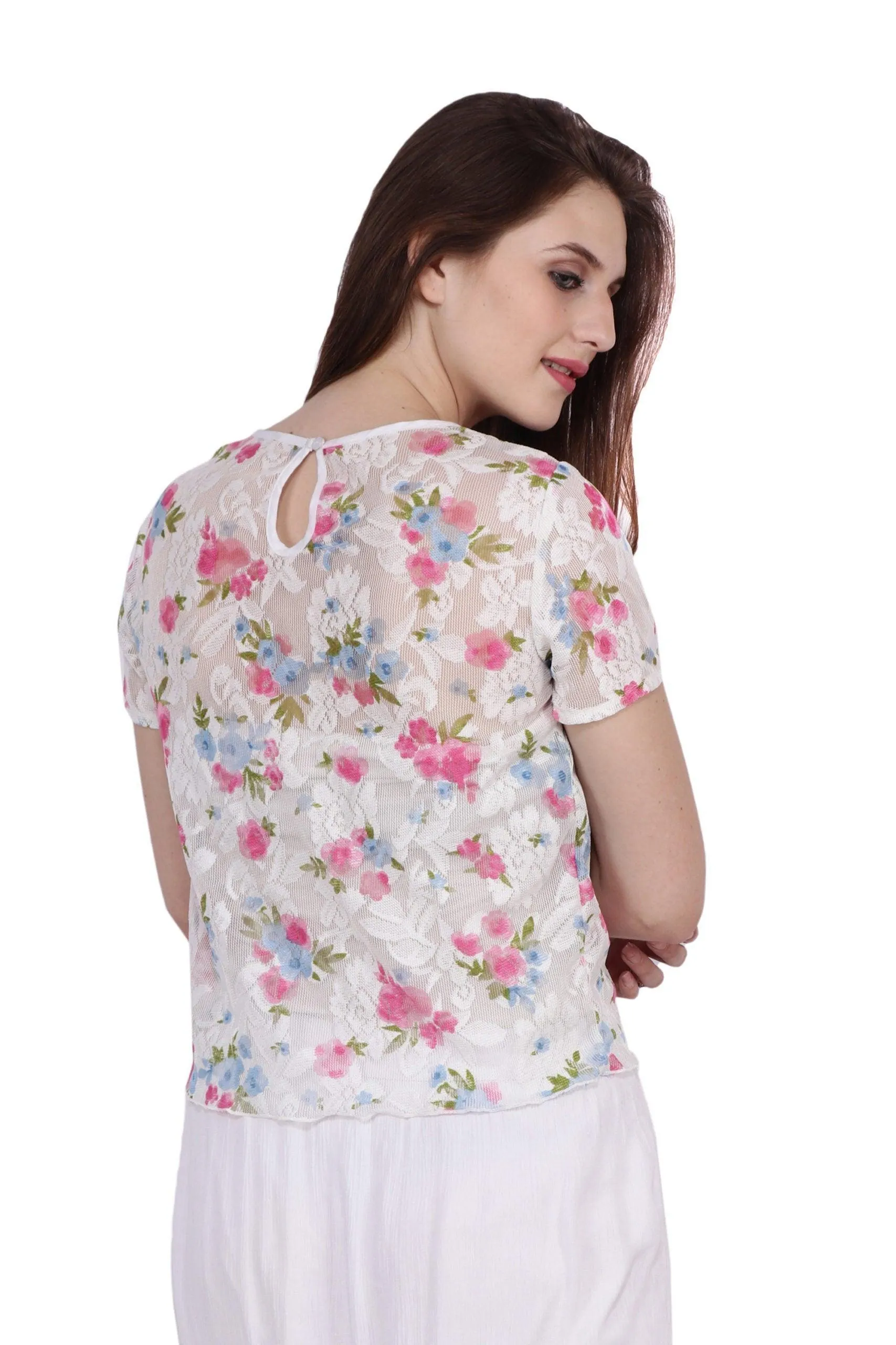 White Floral Printed Mesh Top