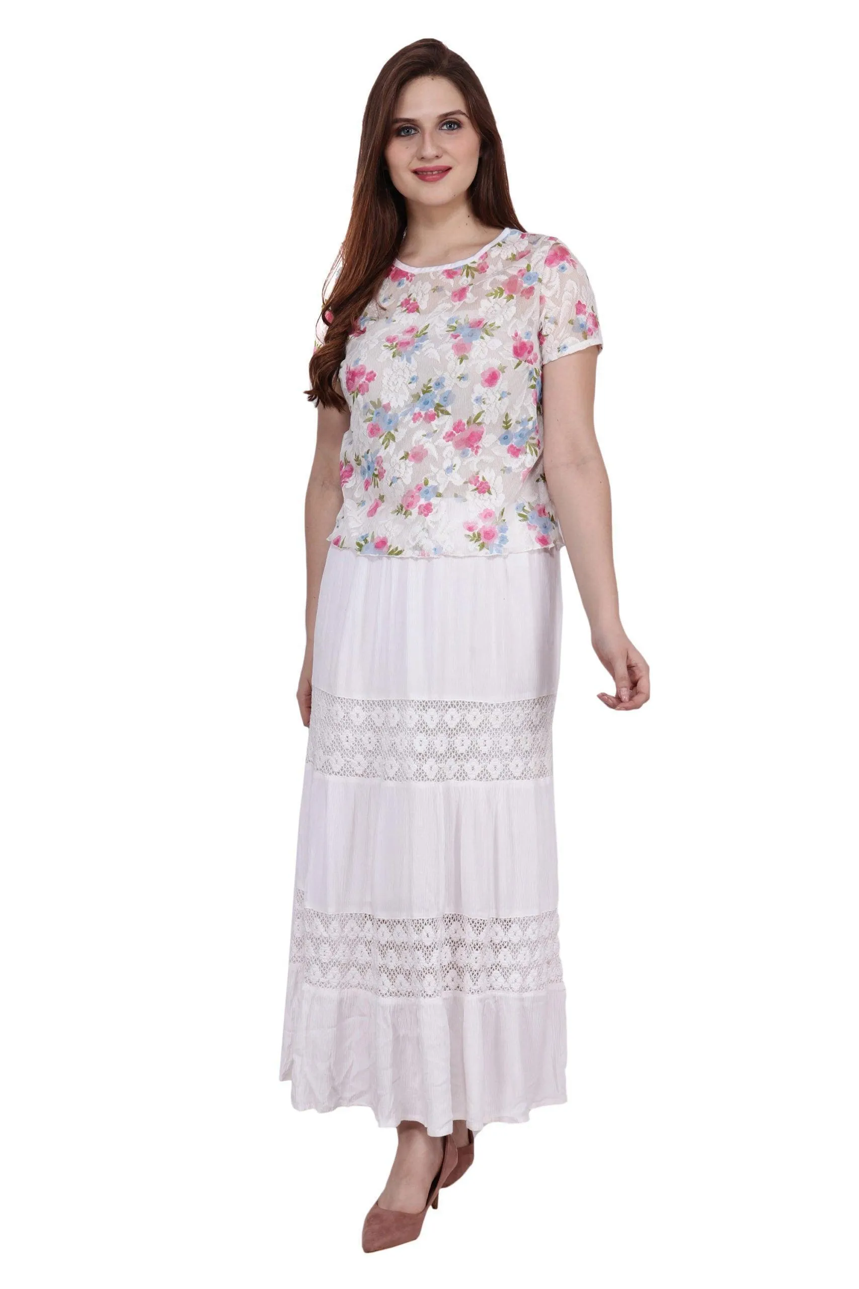 White Floral Printed Mesh Top