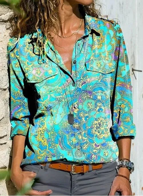 Women Long Sleeve Floral Print Casual Shirts