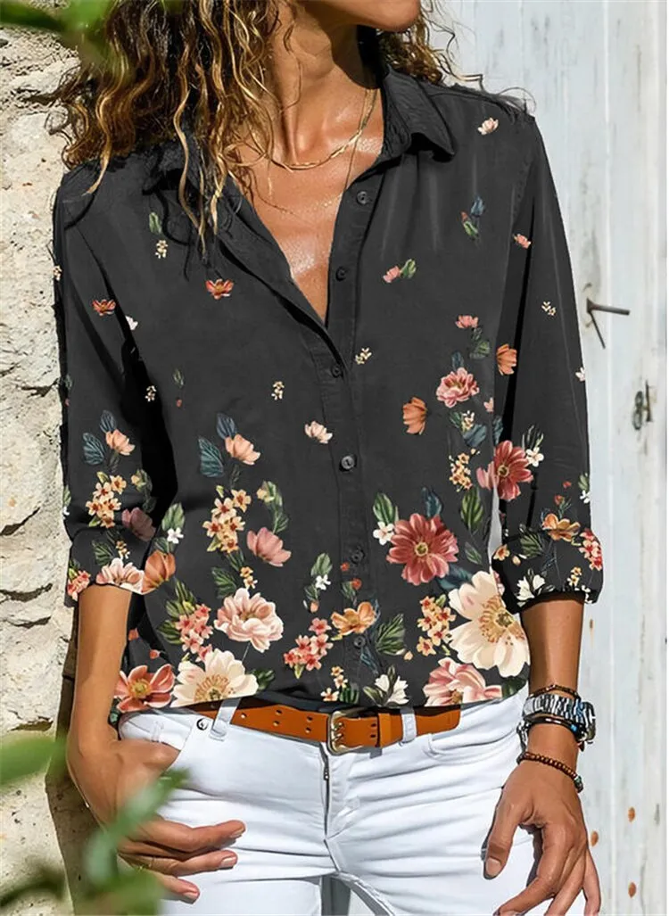 Women Long Sleeve Floral Print Casual Shirts