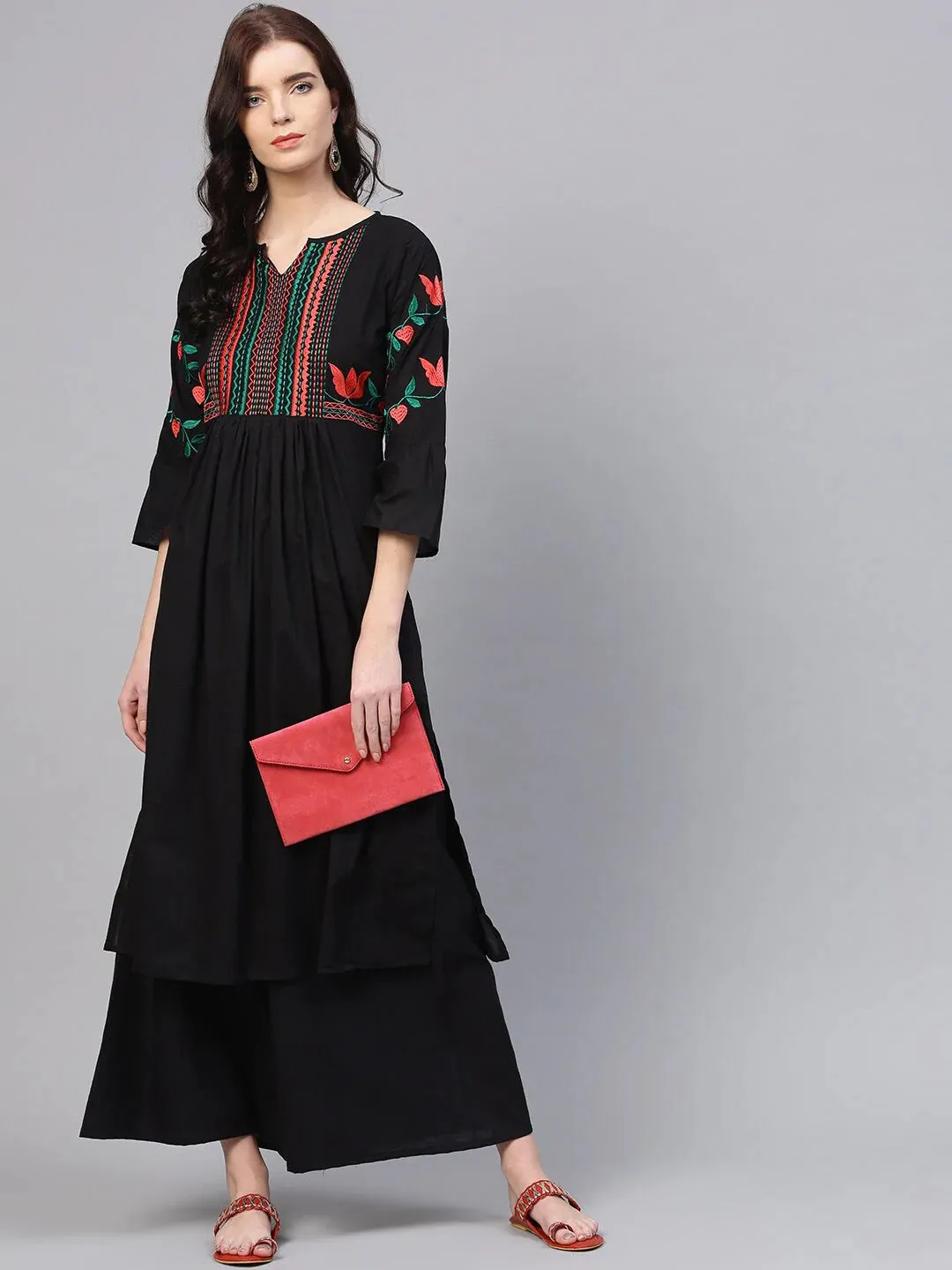 Women'S Black & Peach-Coloured Yoke Design Kurta With Palazzos