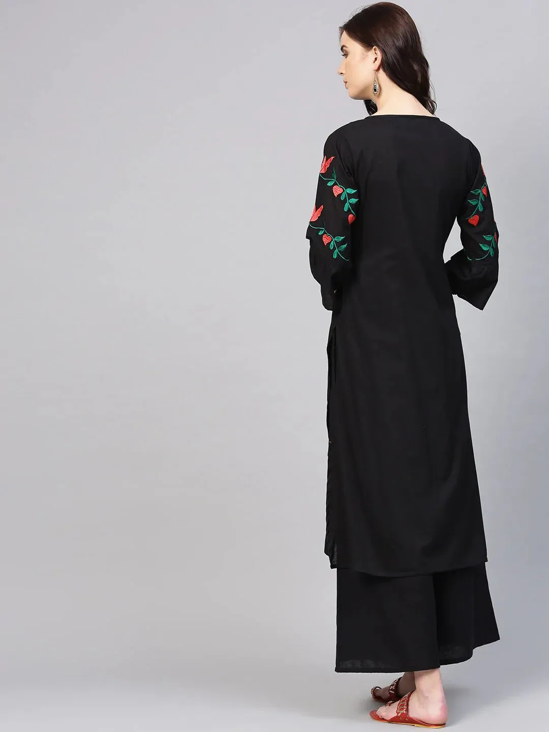 Women'S Black & Peach-Coloured Yoke Design Kurta With Palazzos