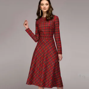 Women's Elegant Plaid Checkered Midi Dress
